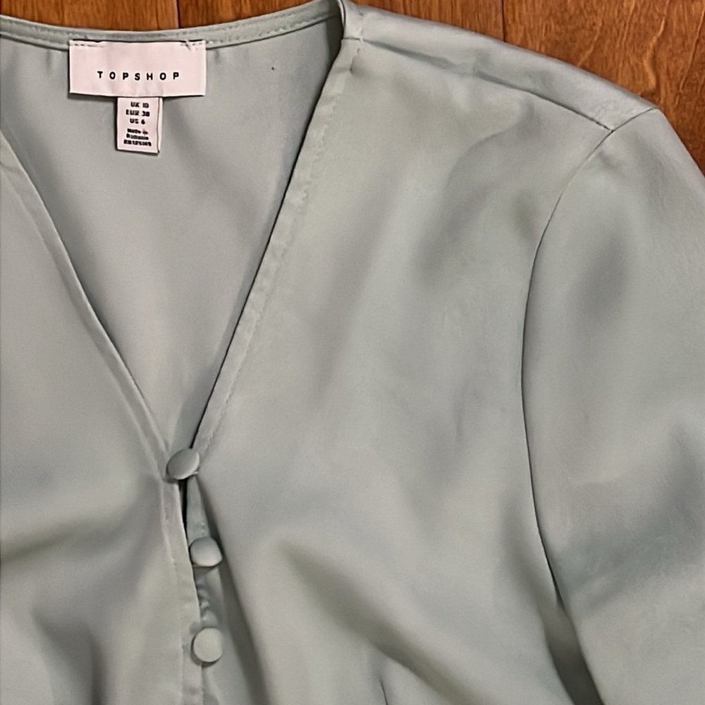 Topshop Pistachio Green Fitted Long Sleeve Top Button Detail Size 6 Pastel - Picture 3 of 11